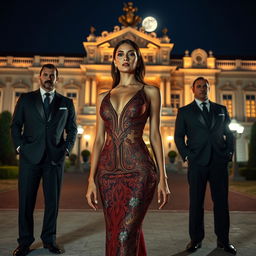 A slender woman dressed in luxurious evening attire, exuding elegance and sophistication, stands confidently in front of a grand palace illuminated by soft, atmospheric lighting at night