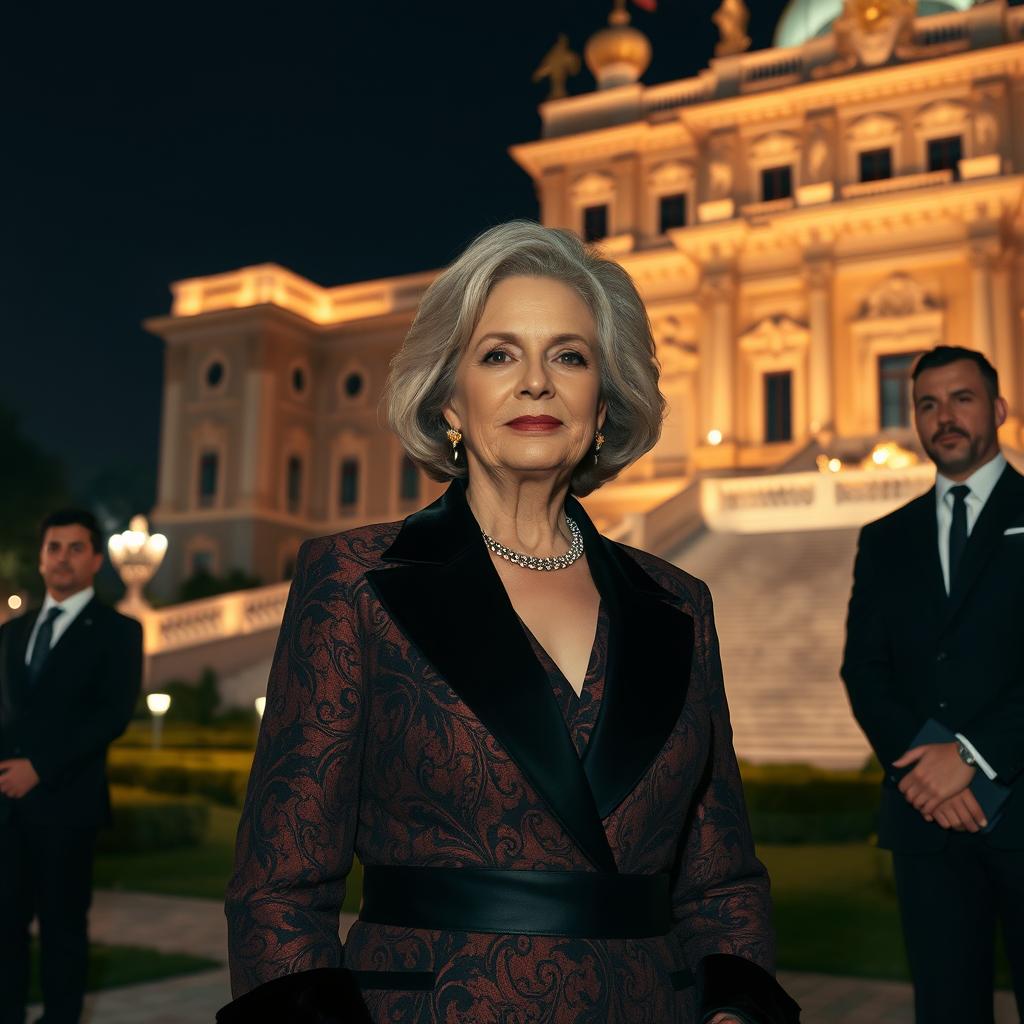 A poised fifty-year-old woman, embodying grace and self-care, dressed in luxurious clothing that showcases both elegance and sophistication, stands in front of a magnificent palace under the night sky