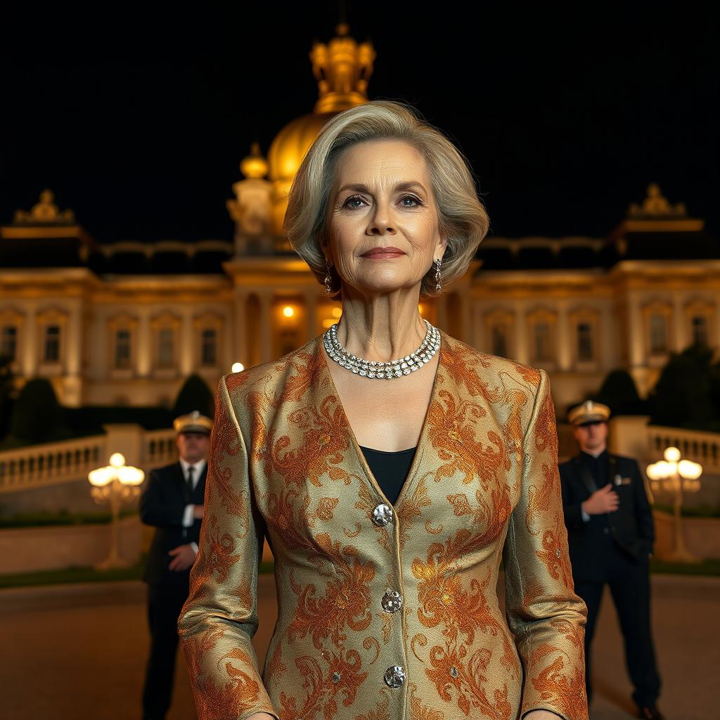 A poised fifty-year-old woman, embodying grace and self-care, dressed in luxurious clothing that showcases both elegance and sophistication, stands in front of a magnificent palace under the night sky