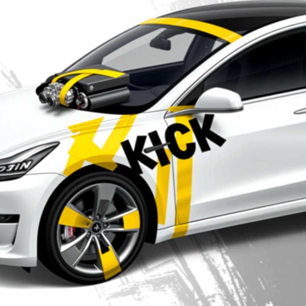 A detailed 2D wrap design for a Tesla Model 3 Performance, featuring realistic masking yellow adhesive tape intricately applied, creating the visual effect that the car is held together by the tape