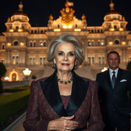 A poised fifty-year-old woman, embodying grace and self-care, dressed in luxurious clothing that showcases both elegance and sophistication, stands in front of a magnificent palace under the night sky