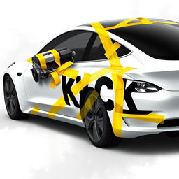 A detailed 2D wrap design for a Tesla Model 3 Performance, featuring realistic masking yellow adhesive tape intricately applied, creating the visual effect that the car is held together by the tape