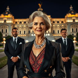 A poised fifty-year-old woman, embodying grace and self-care, dressed in luxurious clothing that showcases both elegance and sophistication, stands in front of a magnificent palace under the night sky