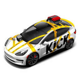 A detailed 2D wrap design for a Tesla Model 3 Performance, featuring realistic masking yellow adhesive tape intricately applied, creating the visual effect that the car is held together by the tape