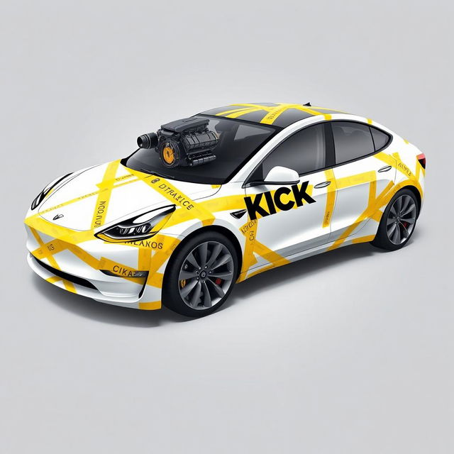 A detailed 2D wrap design for a Tesla Model 3 Performance, featuring realistic masking yellow adhesive tape intricately applied, creating the visual effect that the car is held together by the tape