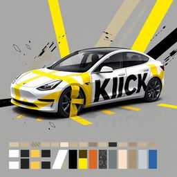 A detailed 2D wrap design for a Tesla Model 3 Performance that features realistic masking yellow adhesive tape artistically applied to create the illusion that the car is held together by the tapes