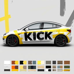 A detailed 2D wrap design for a Tesla Model 3 Performance that features realistic masking yellow adhesive tape artistically applied to create the illusion that the car is held together by the tapes