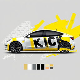 A detailed 2D wrap design for a Tesla Model 3 Performance that features realistic masking yellow adhesive tape artistically applied to create the illusion that the car is held together by the tapes