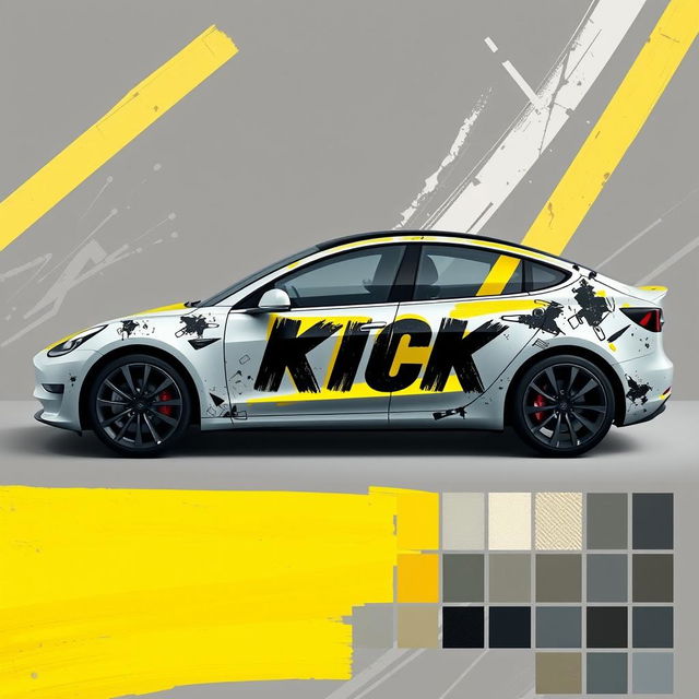 A detailed 2D wrap design for a Tesla Model 3 Performance that features realistic masking yellow adhesive tape artistically applied to create the illusion that the car is held together by the tapes