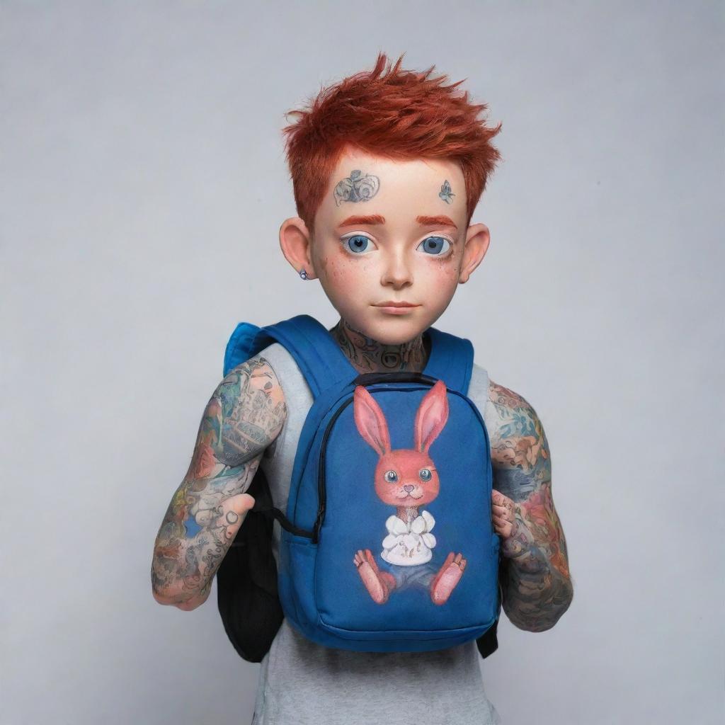 Create an image of a male doll character with red hair reaching his eyes, half body visible covered in tattoos. He carries a blue rabbit-shaped backpack on his back and has his hands in a prayer shape.