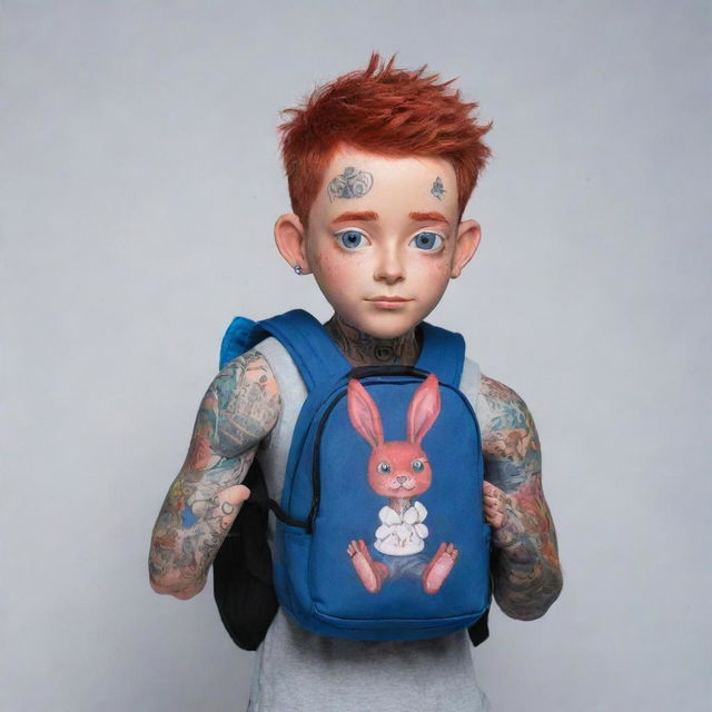 Create an image of a male doll character with red hair reaching his eyes, half body visible covered in tattoos. He carries a blue rabbit-shaped backpack on his back and has his hands in a prayer shape.