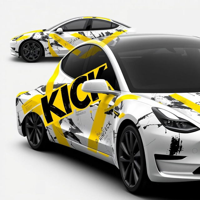 A captivating 2D wrap design for a Tesla Model 3 Performance, featuring realistic masking yellow adhesive tape applied in a way that creates the illusion the car is held together by the tapes