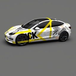 A captivating 2D wrap design for a Tesla Model 3 Performance, featuring realistic masking yellow adhesive tape applied in a way that creates the illusion the car is held together by the tapes