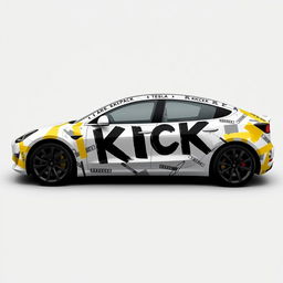 A captivating 2D wrap design for a Tesla Model 3 Performance, featuring realistic masking yellow adhesive tape applied in a way that creates the illusion the car is held together by the tapes