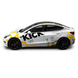 A captivating 2D wrap design for a Tesla Model 3 Performance, featuring realistic masking yellow adhesive tape applied in a way that creates the illusion the car is held together by the tapes