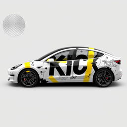 A visually striking 2D wrap design for a Tesla Model 3 Performance, featuring realistic masking yellow adhesive tape applied in a creative manner that gives the impression the car is being held together by the tapes