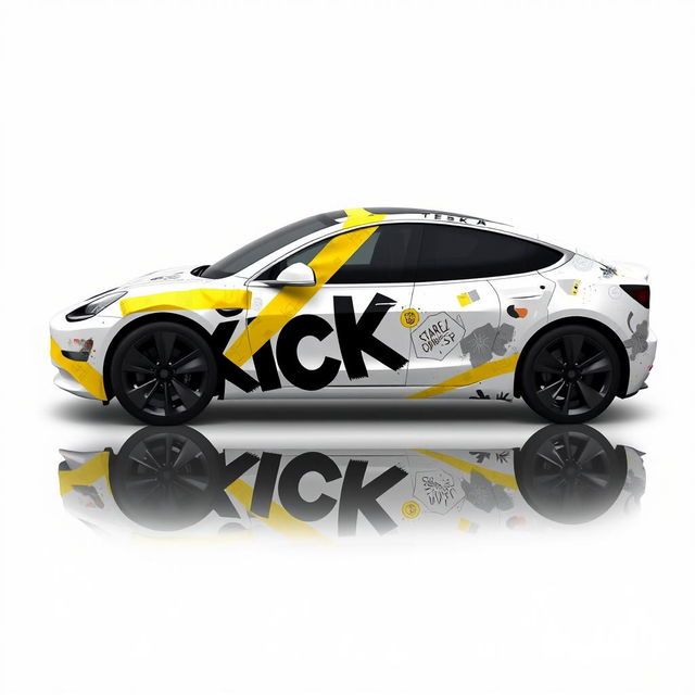 A visually striking 2D wrap design for a Tesla Model 3 Performance, featuring realistic masking yellow adhesive tape applied in a creative manner that gives the impression the car is being held together by the tapes