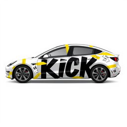 A visually striking 2D wrap design for a Tesla Model 3 Performance, featuring realistic masking yellow adhesive tape applied in a creative manner that gives the impression the car is being held together by the tapes