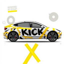 A visually striking 2D wrap design for a Tesla Model 3 Performance, featuring realistic masking yellow adhesive tape applied in a creative manner that gives the impression the car is being held together by the tapes