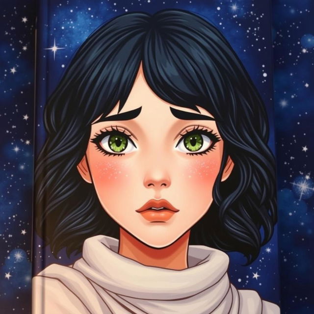 A digital illustration of a young woman with striking green eyes and dark, wavy hair against a mesmerizing starry background