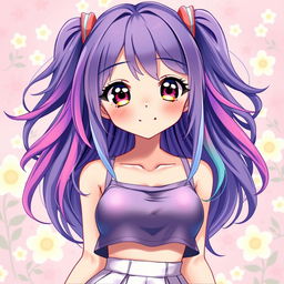 A vibrant, stylized portrait of a female character inspired by the anime aesthetic, featuring expressive big eyes, long flowing hair with colorful highlights, and a playful smile