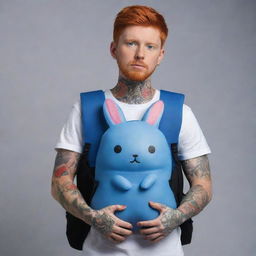 Create an image of a male doll character with red hair reaching his eyes, half body visible covered in tattoos. He carries a blue rabbit-shaped backpack on his back and has his hands in a prayer shape.