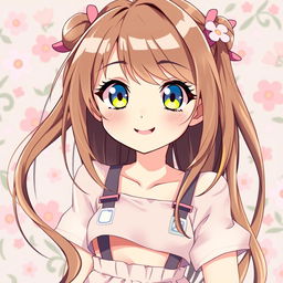 A vibrant, stylized portrait of a female character inspired by the anime aesthetic, featuring expressive big eyes, long flowing hair with colorful highlights, and a playful smile