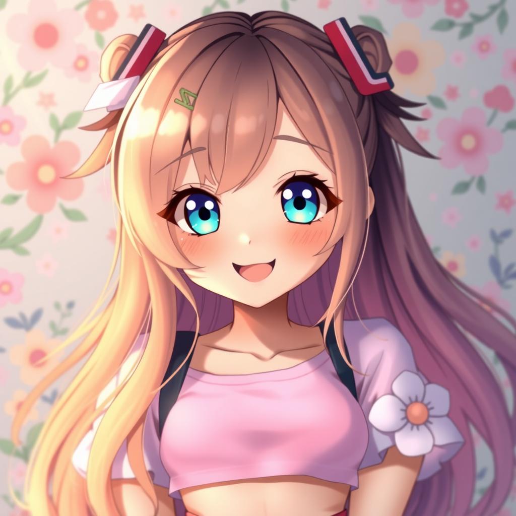 A vibrant, stylized portrait of a female character inspired by the anime aesthetic, featuring expressive big eyes, long flowing hair with colorful highlights, and a playful smile