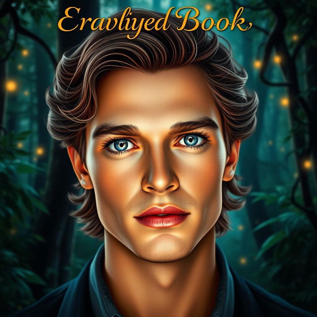 A captivating book cover featuring the main character, a male with wavy brown hair that elegantly frames his face