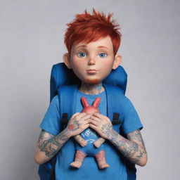 Create an image of a male doll character with red hair reaching his eyes, half body visible covered in tattoos. He carries a blue rabbit-shaped backpack on his back and has his hands in a prayer shape.