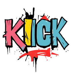 A striking typography design featuring the word 'KICK' in a Banksy style, characterized by bold graffiti lettering and a street art aesthetic