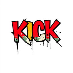 A striking typography design featuring the word 'KICK' in a Banksy style, characterized by bold graffiti lettering and a street art aesthetic