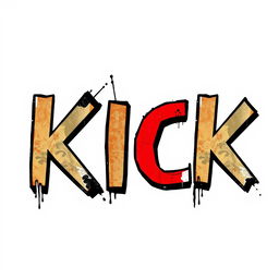 A striking typography design featuring the word 'KICK' in a Banksy style, characterized by bold graffiti lettering and a street art aesthetic