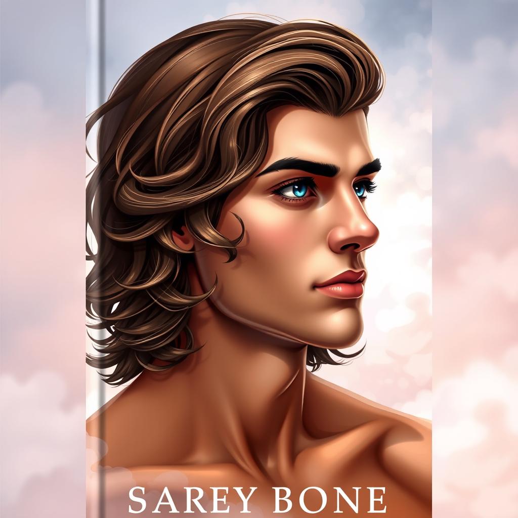 A striking book cover featuring the main character, a male with wavy brown hair that gracefully falls to the side