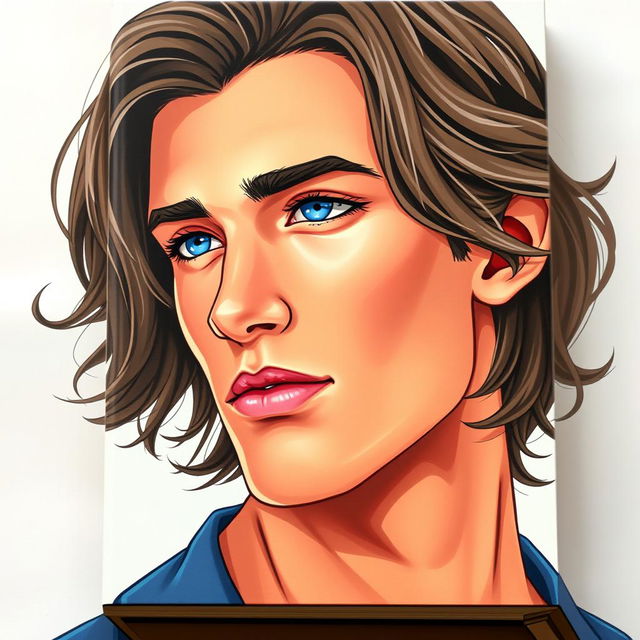 A striking book cover featuring the main character, a male with wavy brown hair that gracefully falls to the side