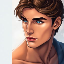 A striking book cover featuring the main character, a male with wavy brown hair that gracefully falls to the side