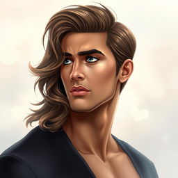 A striking book cover featuring the main character, a male with wavy brown hair that gracefully falls to the side