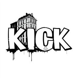 A bold and striking typography design featuring the word "KICK" in large, white letters with thick black outlines, inspired by Banksy's street art style