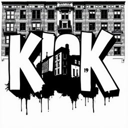 A bold and striking typography design featuring the word "KICK" in large, white letters with thick black outlines, inspired by Banksy's street art style