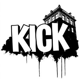 A bold and striking typography design featuring the word "KICK" in large, white letters with thick black outlines, inspired by Banksy's street art style