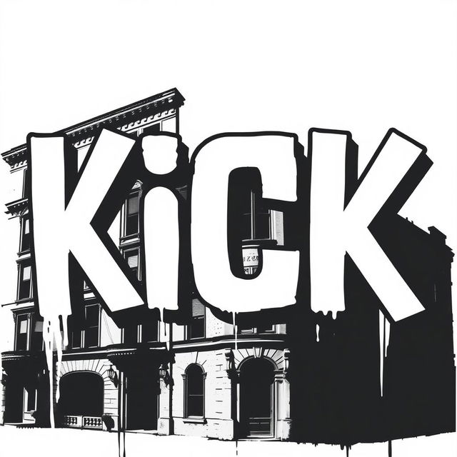 A bold and striking typography design featuring the word "KICK" in large, white letters with thick black outlines, inspired by Banksy's street art style