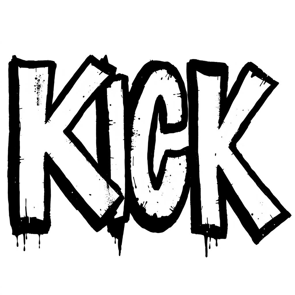 A creative typography design featuring the word "KICK" in large, bold letters filled with white and outlined in thick black, inspired by Banksy's street art style