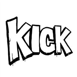 A creative typography design featuring the word "KICK" in large, bold letters filled with white and outlined in thick black, inspired by Banksy's street art style