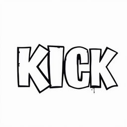 A creative typography design featuring the word "KICK" in large, bold letters filled with white and outlined in thick black, inspired by Banksy's street art style