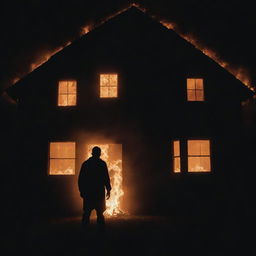 A silhouette of a person facing a burning house in the darkness, their shadow morphing into a monstrous figure seeking revenge.