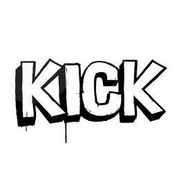 A creative typography design featuring the word "KICK" in large, bold letters filled with white and outlined in thick black, inspired by Banksy's street art style