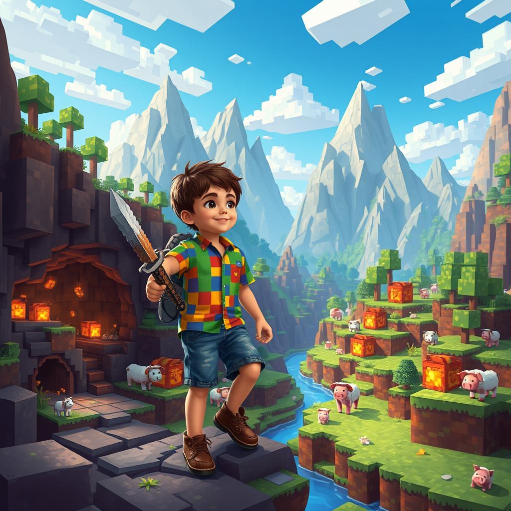 A young boy embarking on an adventure in a Minecraft-inspired world, filled with vibrant blocky landscapes, towering mountains, and pixelated trees