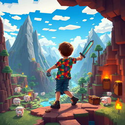 A young boy embarking on an adventure in a Minecraft-inspired world, filled with vibrant blocky landscapes, towering mountains, and pixelated trees