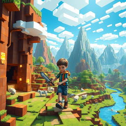 A young boy embarking on an adventure in a Minecraft-inspired world, filled with vibrant blocky landscapes, towering mountains, and pixelated trees