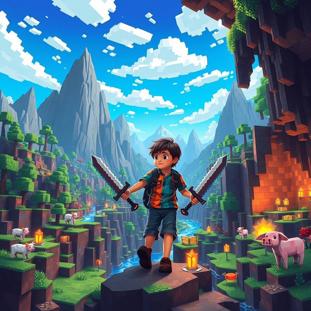 A young boy embarking on an adventure in a Minecraft-inspired world, filled with vibrant blocky landscapes, towering mountains, and pixelated trees